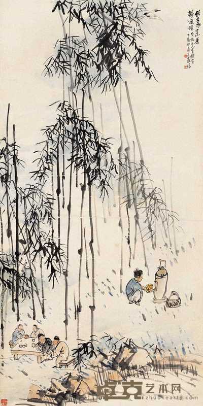 王震 竹里烹茶鹤避烟 立轴 131×66cm